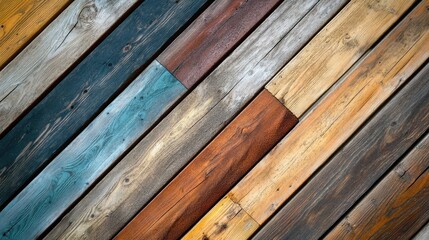 Poster - Close up of wooden planks arranged diagonally showcasing a variety of textures and hues