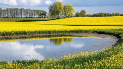 Aufkleber - Vibrant yellow rapeseed field with water reflection showcasing spring agriculture in a picturesque rural landscape