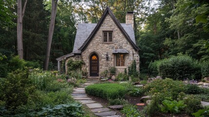 Aufkleber - whimsigothic style stone cottage nestled in a garden surrounded by trees vertical orientation