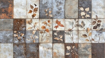 Poster - Rustic vintage patchwork tile design featuring floral and leaf motifs in aged brown gray and rusty tones on a textured stone wall background