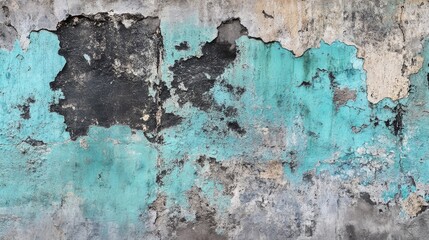 Poster - Abstract texture of exfoliated concrete wall showcasing shades of turquoise aquamarine black and gray in a rustic style