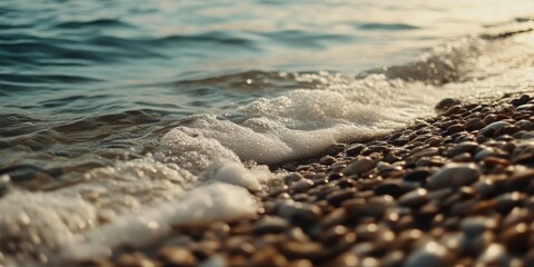 Wall Mural - textured pebbles and waves at scenic shoreline