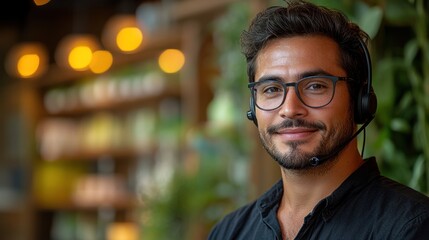 Portrait of a Smiling Man Wearing Glasses and a Headset