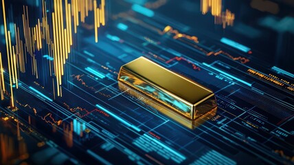 Close-up of gold bar on stock data background, luxury investment feel