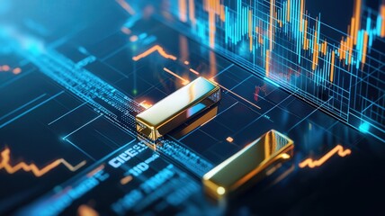 Detailed shot of gold bars with market charts, analytical investment theme