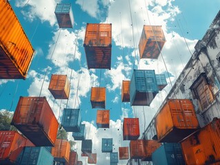 Poster - A orange and blue containers floating in the sky. at city.