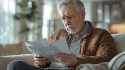 Hyperrealistic photo of a senior man reviewing documents, sitting on his sofa with a pensive expression. The bright, soft light gives the image a refined, magazine-like aesthetic, captured with a 32k