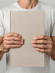 Person holding blank beige book in front of chest.