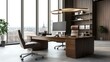© Sansern - Modern office interior with a wooden desk, chair, and city view through large windows.