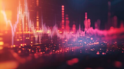 Fototapete - Abstract data visualization with a waveform pattern and a blurred city background.