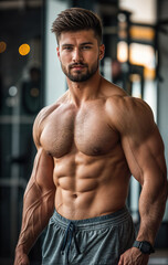 Wall Mural - A young man with a beard posing for the camera in a gym. He has a very muscular body.