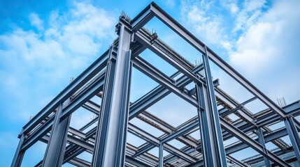 Poster - A steel framework structure under a cloudy sky, showcasing industrial construction.