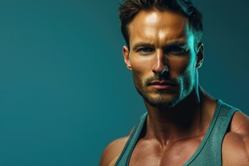 Wall Mural - a strong, fit man with a sharp gaze and a focused mind, solid color background ideal for gym promoti