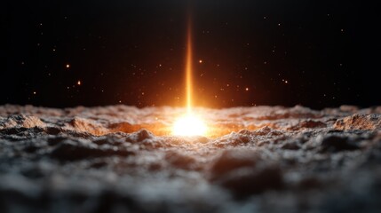 A mesmerizing view shows a glowing eruption on a barren, rocky surface, symbolizing a burst of energy amidst stillness and mystery under a starry night sky.