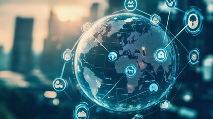 Poster - A digital globe interconnected with icons representing various global concepts and industries.