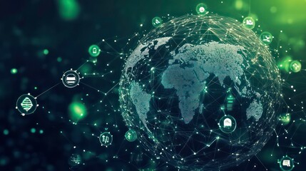 Fototapete - A digital globe interconnected with icons representing technology and data.