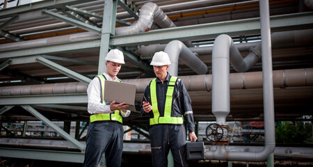 Engineer survey team wear uniform and helmet stand workplace checking blueprint project ,radio communication and engineer box inspection work construction site with pipe oil and gas background.