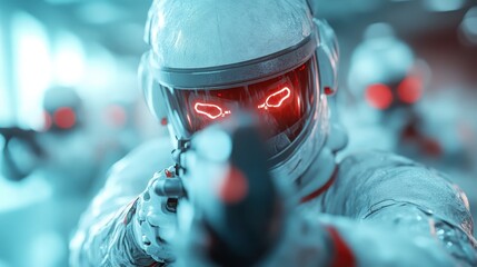 A futuristic soldier in advanced armor with glowing eyepieces is seen aiming a weapon, conveying a sense of precision and technological prowess in this thrilling action scene.