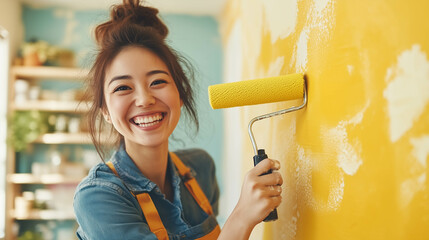 A young happy Asian woman painting the wall with a paint roller in the new house.