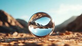 This captivating image shows a crystal ball perched on a rocky surface, beautifully reflecting the surrounding mountainous landscape and a clear blue sky.