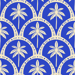 Wall Mural - Hand drawn palm tree doodle seamless pattern illustration. Blue hawaiian print, summer vacation background in vintage art style. Tropical plant painting wallpaper texture.