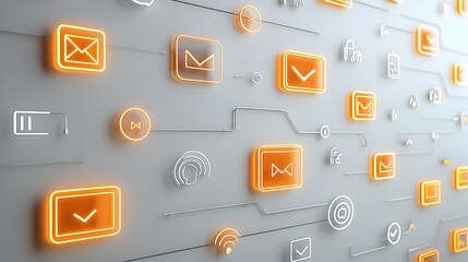 Fototapete - Radiant glowing 3D speech bubbles with glossy finishes and ellipsis design elements representing dynamic digital messaging and communication on a sleek modern white background with a futuristic