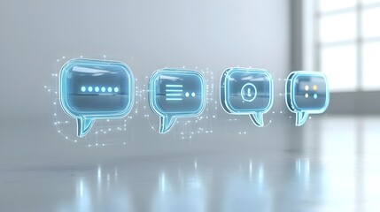 Aufkleber - Glossy Futuristic 3D Speech Bubbles with Glowing Outlines and Ellipsis Set Against a Sleek White Background Conveying Seamless Messaging and Chat