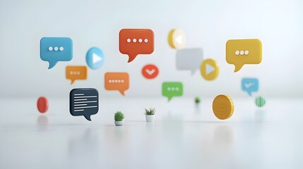 Aufkleber - Elegant Floating 3D Speech Bubbles with Soft Glowing Effects Glossy Textures and Ellipsis on a Clean Minimal White Background Perfect for Communication Dialogue and Messaging Concepts