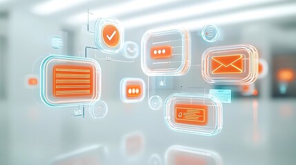 Aufkleber - Neon Lit 3D Chat Bubbles with Glossy Reflections and Ellipsis Hovering Over a White Background Representing Communication in a Futuristic Style