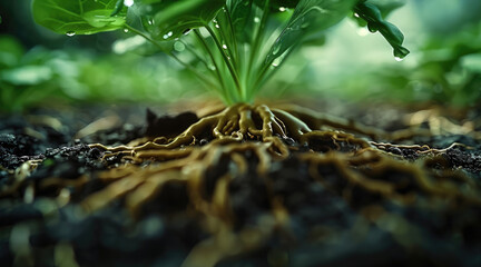 Poster - A fresh and vibrant of plant roots in the rich soil. The roots are bright and moist, intertwining in the earth with small shoots of green plants beginning to grow. The soil looks fertile and rich.