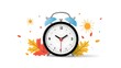 © NKCoolper - Cheerful depicting a ringing alarm clock set against a backdrop of sunshine leaves and the vibrant colors of seasonal change