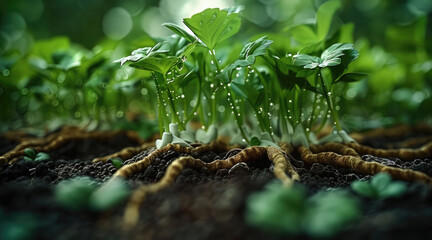 Poster - A fresh and vibrant of plant roots in the rich soil. The roots are bright and moist, intertwining in the earth with small shoots of green plants beginning to grow. The soil looks fertile and rich.
