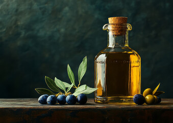 bottle of olive oil with olives and leaves on a table with copy space