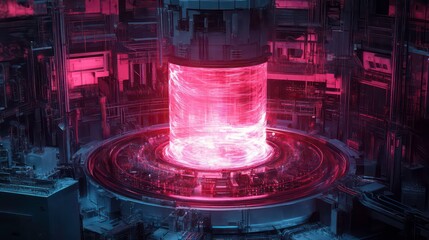 Poster - A futuristic energy reactor emitting vibrant light in a high-tech industrial setting.
