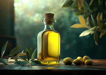 bottle of olive oil with olives and leaves on a table with copy space