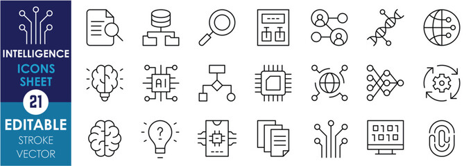 Fototapete - A set of line icons related to Intelligences. Brain, lightbulb, gear, network, DNA, globe, fingerprint, chips, AI, algorithm, and so on. Vector editable stroke.