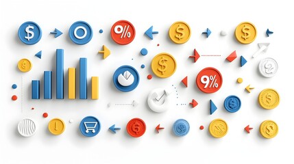 Poster - Set of 3D icons in a plasticine style featuring percent signs coins and directional arrows to represent financial dynamics and trends  These icons are perfect for use in economic posters infographics