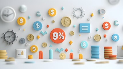 Poster - Set of 3D icons in plasticine style with percent signs coins and directional arrows representing financial dynamics and economic trends  Perfect for use in posters presentations