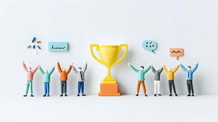 Aufkleber - Plasticine Style 3D Depicting Business Colleagues Joyfully Celebrating a Trophy Win Symbolizing the Success of Their Collaborative Efforts and Teamwork in Achieving Their Goals