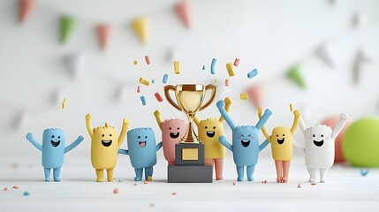Aufkleber - Vibrant 3D Plasticine of a Business Team Joyfully Celebrating Their Achievement and Success with a Colorful Trophy Symbolizing Motivation Teamwork and Shared Triumph in the Corporate Workplace
