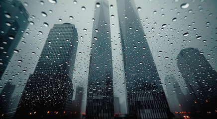 Poster - The skyscrapers glass windows are covered in raindrops, and the skyline in the distance is obscured by the rain and fog. The buildings silhouettes emerge faintly, adding a sense of mystery.