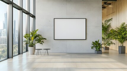 Aufkleber - Spacious and Minimalist Modern Office Interior Featuring a Concrete Wall Empty Poster Frame and Abundant Natural Sunlight Streaming Through Floor to Ceiling Windows