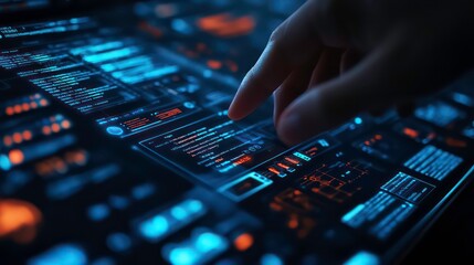 Poster - A hand interacts with a digital interface displaying data and analytics.