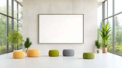 Leinwandbilder - Bright and airy office space with a modern concrete wall and an empty frame perfectly illuminated by natural light from large windows