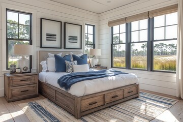 Rustic wooden bed with blue pillows and two bedside cabinets against white wall with three posters frames. Farmhouse interior design of modern bedroom