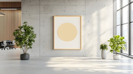 Aufkleber - Empty poster frame mounted on a stylish concrete wall in a modern office setting bathed in natural window light symbolizing the creative potential for advertising branding and art display