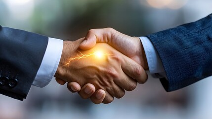 Two hands shaking with a glowing link between them representing the strength of trust and solid connections in or partnerships between individuals teams or organizations