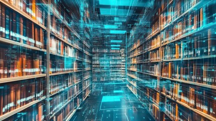 Aufkleber - A futuristic library with digital elements and shelves filled with books.