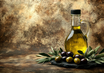 glass bottle of olive oil with olives and olive branch isolated on flat color wall background with copy space 