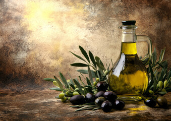 glass bottle of olive oil with olives and olive branch isolated on flat color wall background with copy space 